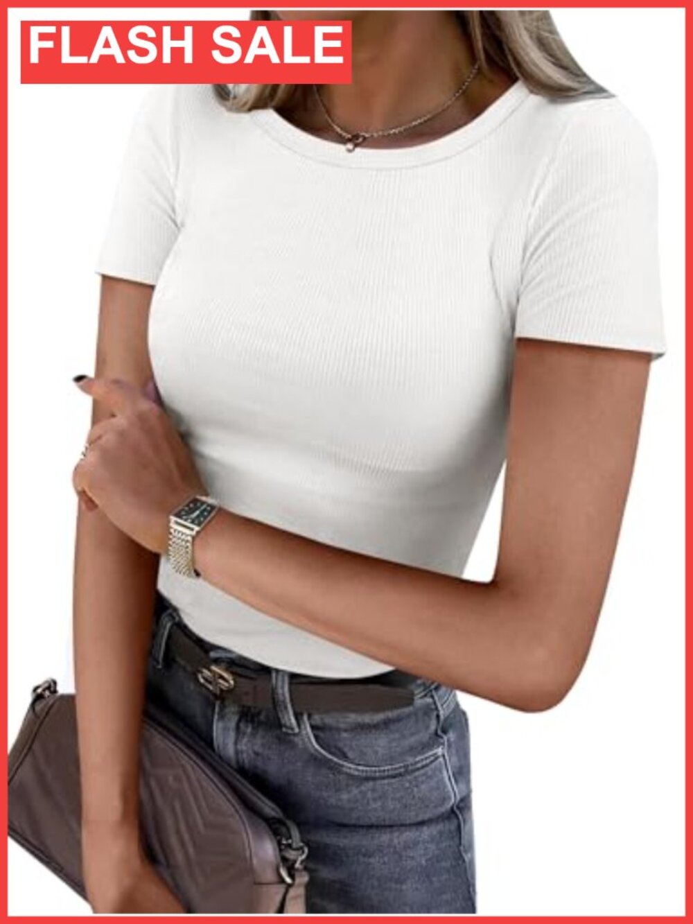 ANRABESS Women's Ribbed Short Sleeve Top Basic Tee Slim Fit Crew Neck
